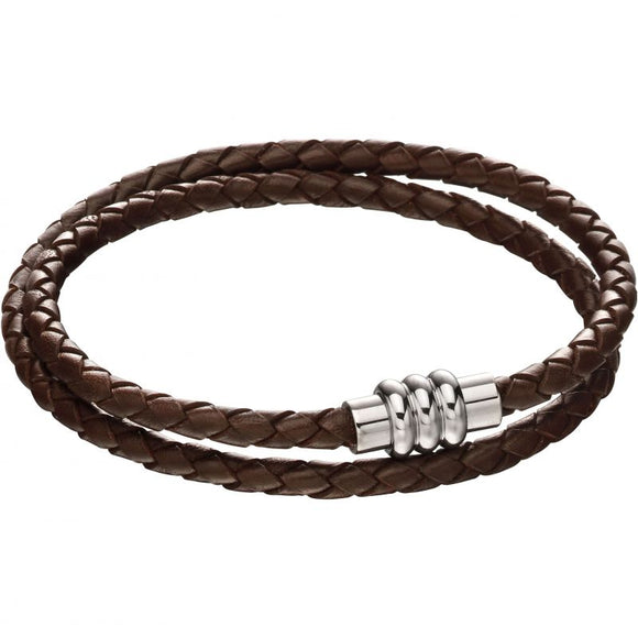 Fred Bennett Stainless Steel Brown leather Wrap Around Knot Bracelet