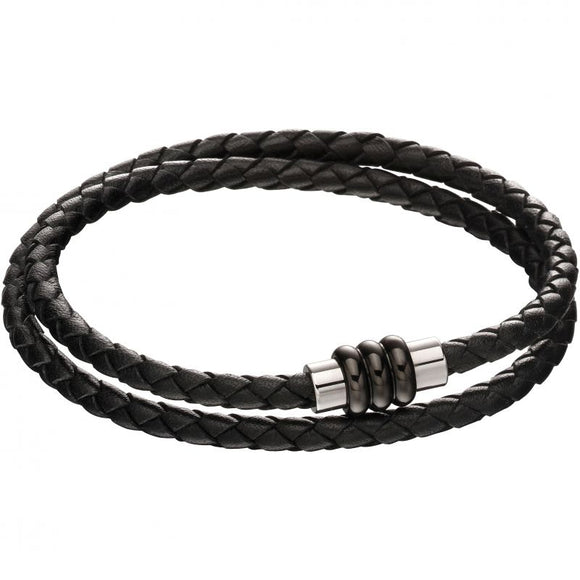 Fred Bennett Stainless Steel Black Leather Wrap Around Knot Bracelet