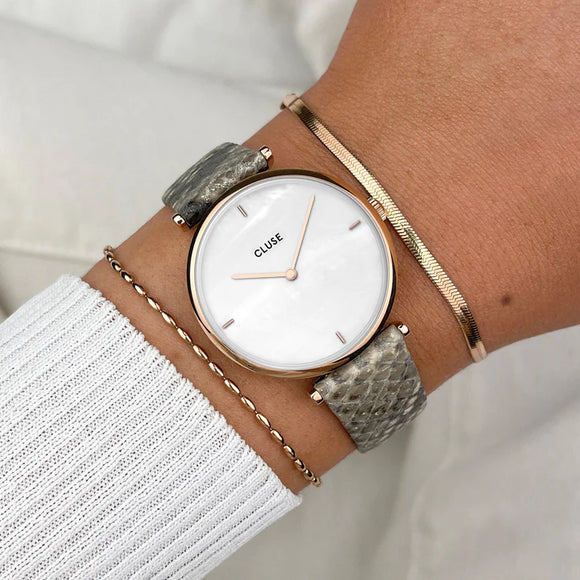 Cluse Triomphe, Rose Gold Colour Almond Python Leather Strap Watch