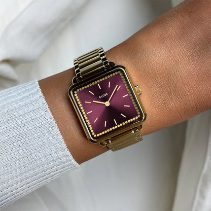 La Tétragone Watch Steel, Wine stones, Gold Colour