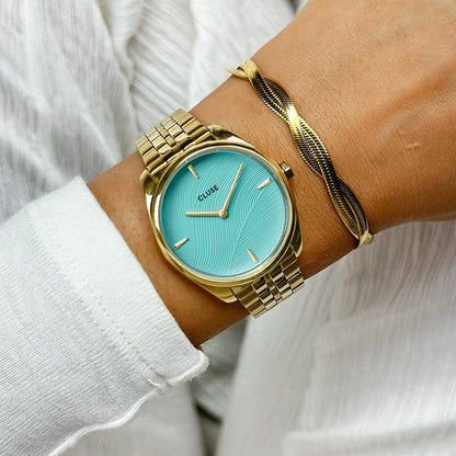 Cluse Féroce Petite Watch Steel, Leaf Texture Pool Blue, Gold Colour
