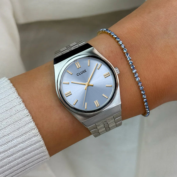 Retro 70's Watch Steel, Light Blue, Silver Colour