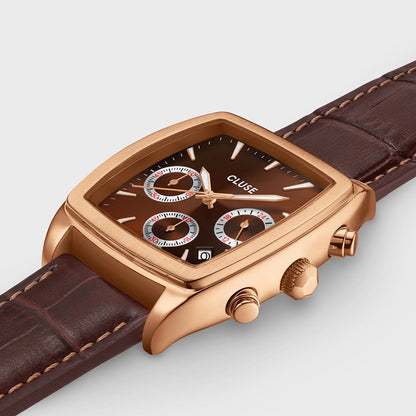 Quartaut Chrono Watch leather, Brown, Rose gold Colour