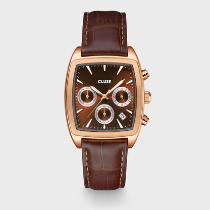 Quartaut Chrono Watch leather, Brown, Rose gold Colour