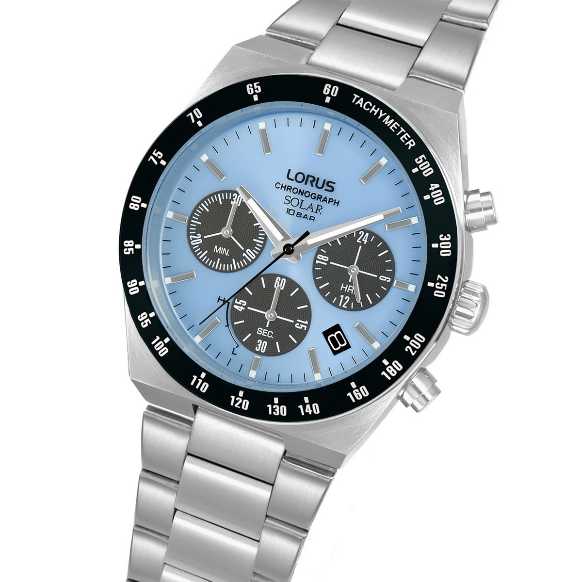 LORUS SOLAR CHRONOGRAPH GENTS STAINLESS STEEL LIGHT BLUE DIAL BRACELET WATCH