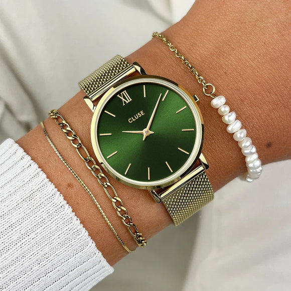Cluse Minuit Watch Mesh, Green, Gold Colour