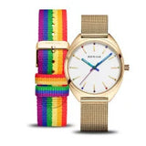 Bering Classic | polished gold | Mesh B/W with Rainbow Strap