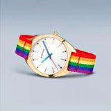 Bering Classic | polished gold | Mesh B/W with Rainbow Strap