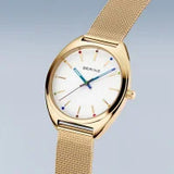 Bering Classic | polished gold | Mesh B/W with Rainbow Strap