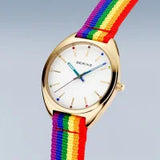 Bering Classic | polished gold | Mesh B/W with Rainbow Strap