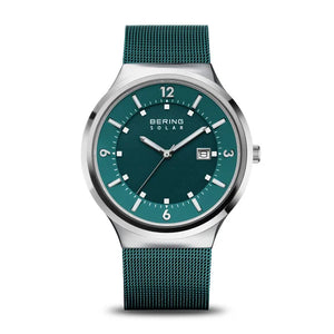 Bering Solar Gents Polished Silver Green Mesh Bracelet Watch &nbsp;