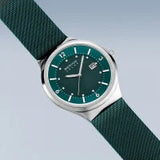 Bering Solar Gents Polished Silver Green Mesh Bracelet Watch &nbsp;