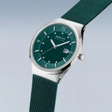 Bering Solar Gents Polished Silver Green Mesh Bracelet Watch &nbsp;