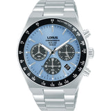 LORUS SOLAR CHRONOGRAPH GENTS STAINLESS STEEL LIGHT BLUE DIAL BRACELET WATCH