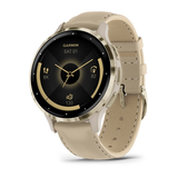 Garmin Venu 3S Soft gold stainless steel bezel with French grey case and leather band