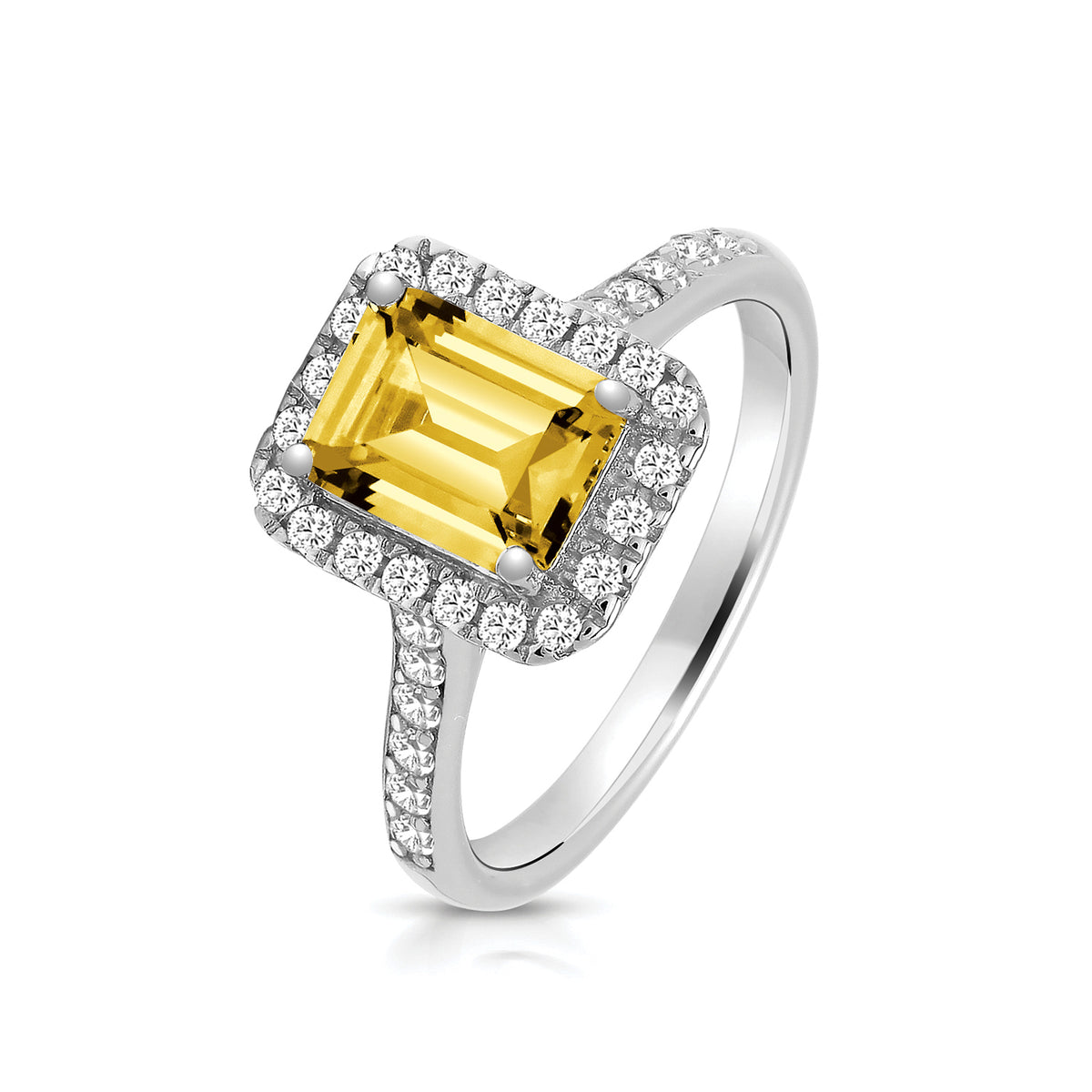 Sterling Silver Large Claw Set Emerald Cut Halo Style Yellow CZ Ring