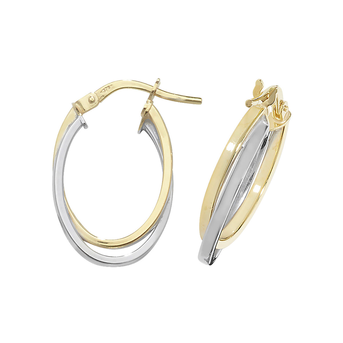 9CT YELLOW/WHITE GOLD OVAL DOUBLE HOOP EARRINGS