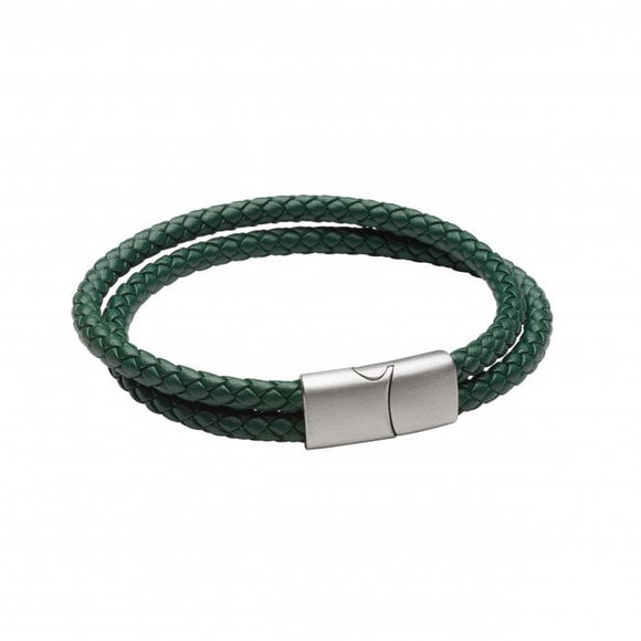 Fred Bennett Forest Green Recycled Leather Double Row Steel Clasp Bracelet