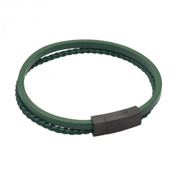 Fred Bennett Multi Row Green Recycled Leather Black IP Clasp Bracelet