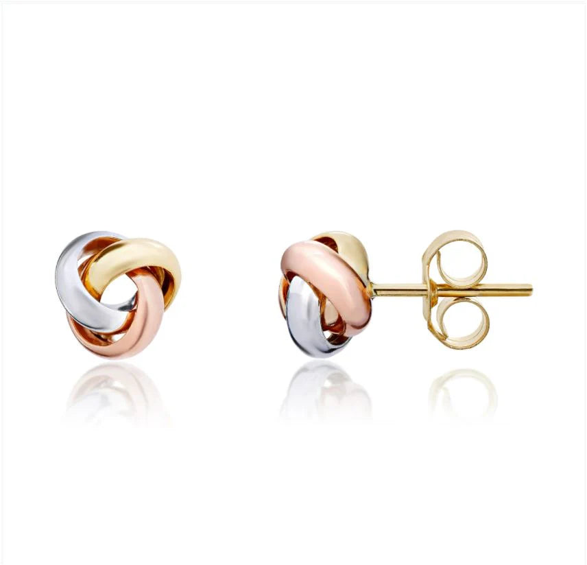 9CT Three Tone Yellow, White & Rose Gold Simple Knot Stud Earrings