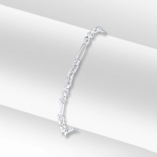 Silver 4mm Handmade Oval Round Figaro Chain Bracelet