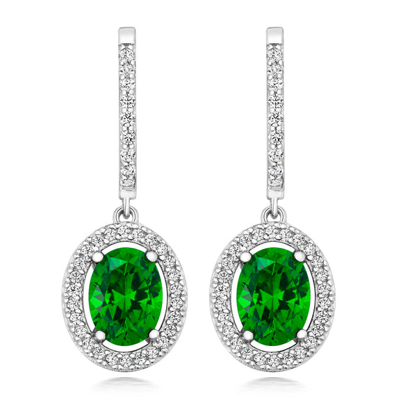 LAPIDARY HALO STYLE DROP EARRINGS. GREEN 8x6 MM OVAL CUT