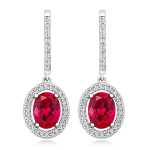 LAPIDARY HALO STYLE DROP EARRINGS. RED 8x6MM OVAL CUT