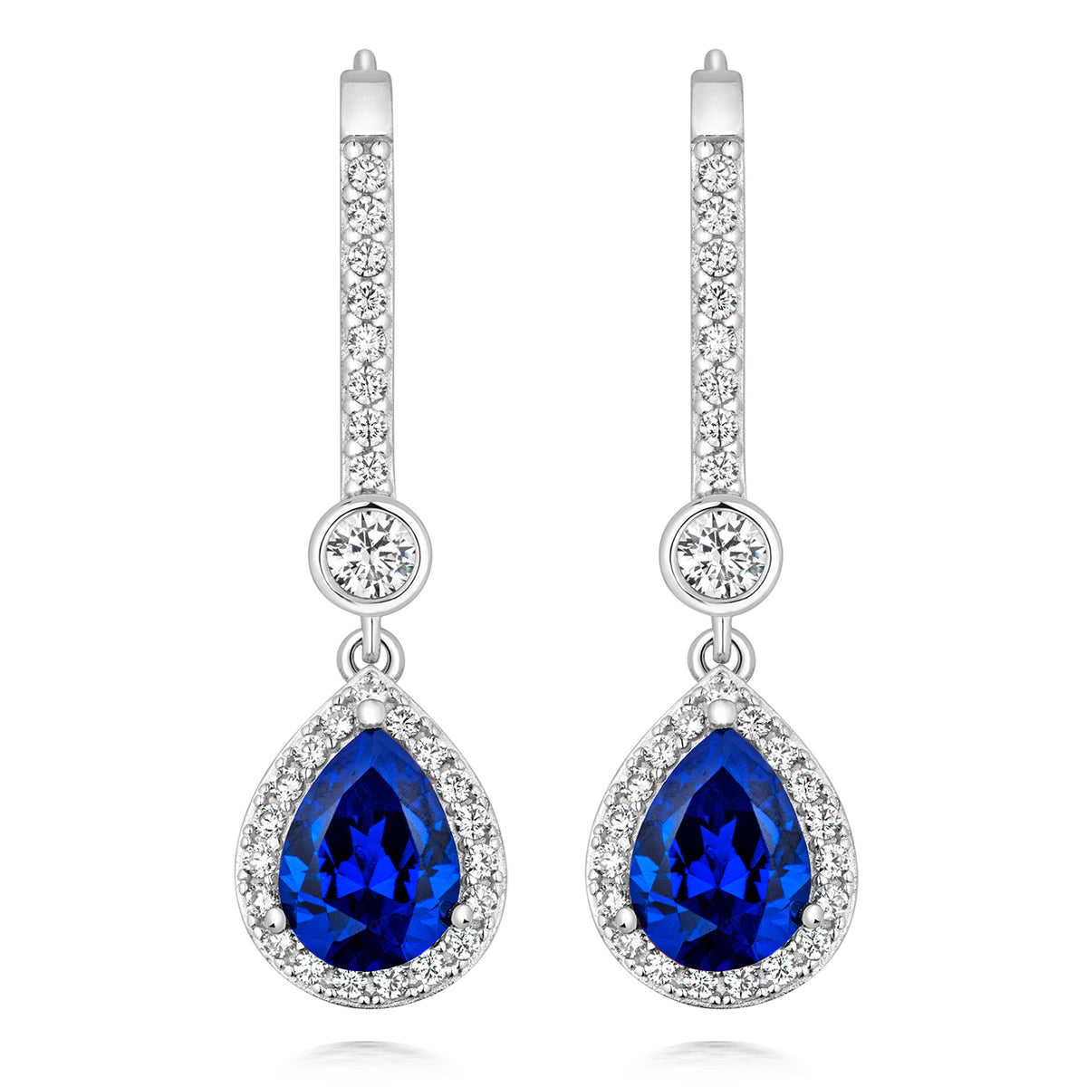 LAPIDARY HALO STYLE DROP EARRINGS. 8x6MM BLUE PEAR CUT &amp; 3MM ROUND