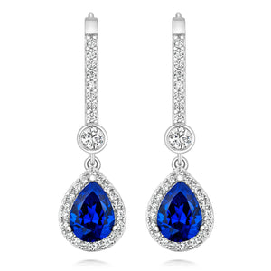 LAPIDARY HALO STYLE DROP EARRINGS. 8x6MM BLUE PEAR CUT &amp; 3MM ROUND