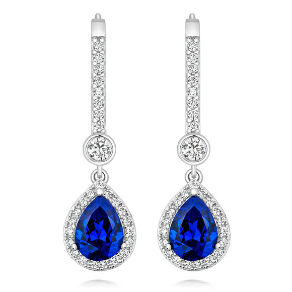 LAPIDARY HALO STYLE DROP EARRINGS. 8x6MM BLUE PEAR CUT & 3MM ROUND