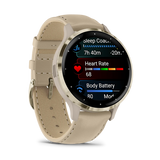 Garmin Venu 3S Soft gold stainless steel bezel with French grey case and leather band
