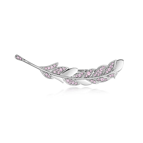 LAPIDARY FINE LEAF BROOCH WITH PALE PINK & WHITE STONES