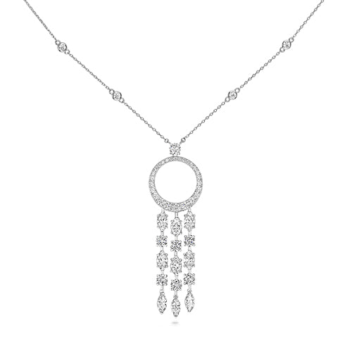 CIRCLE PENDANT ON STONE SET CHAIN. OVAL & MARQUISE LONG TASSLES