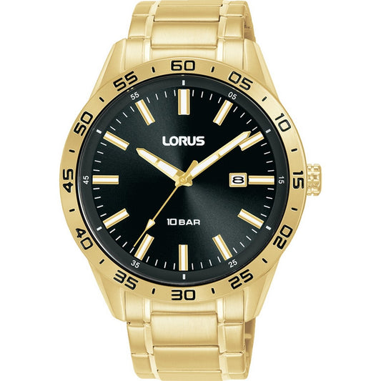 LORUS QUARTZ GENTS GOLD PLATED BLACK DIAL BRACELET WATCH