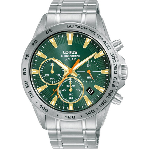 LORUS SOLAR CHRONOGRAPH GENTS STAINLESS STEEL GREEN DIAL BRACELET WATCH