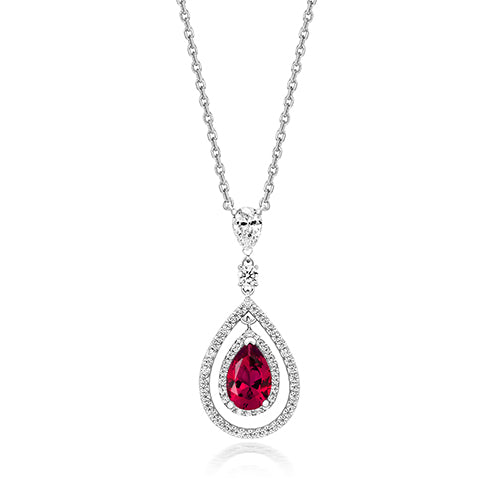 MULTI HALO SWING PENDANT WITH 9X6MM RED PEAR ON FIXED CHAIN