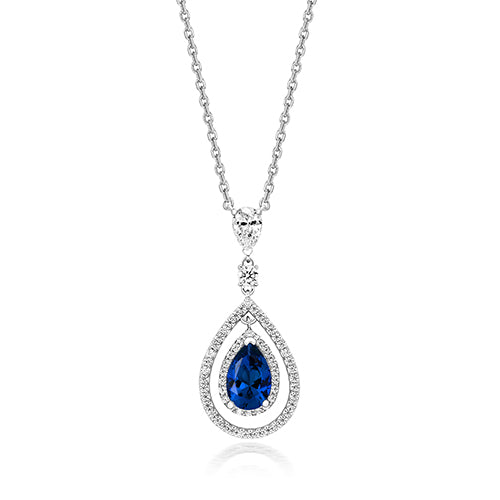 MULTI HALO SWING PENDANT WITH 9X6MM BLUE PEAR ON FIXED CHAIN