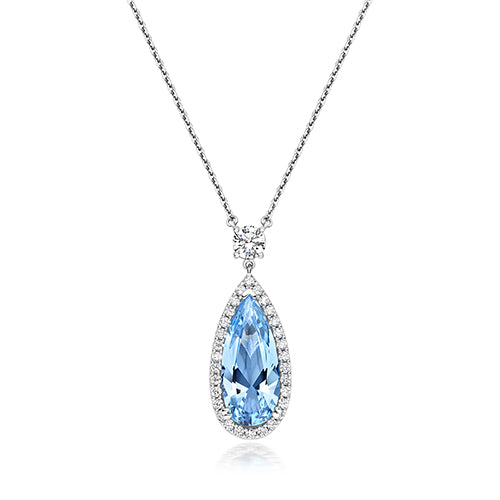 LONG SLIM HALO PENDANT 18X8MM PALE BLUE PEAR ON FIXED CHAIN