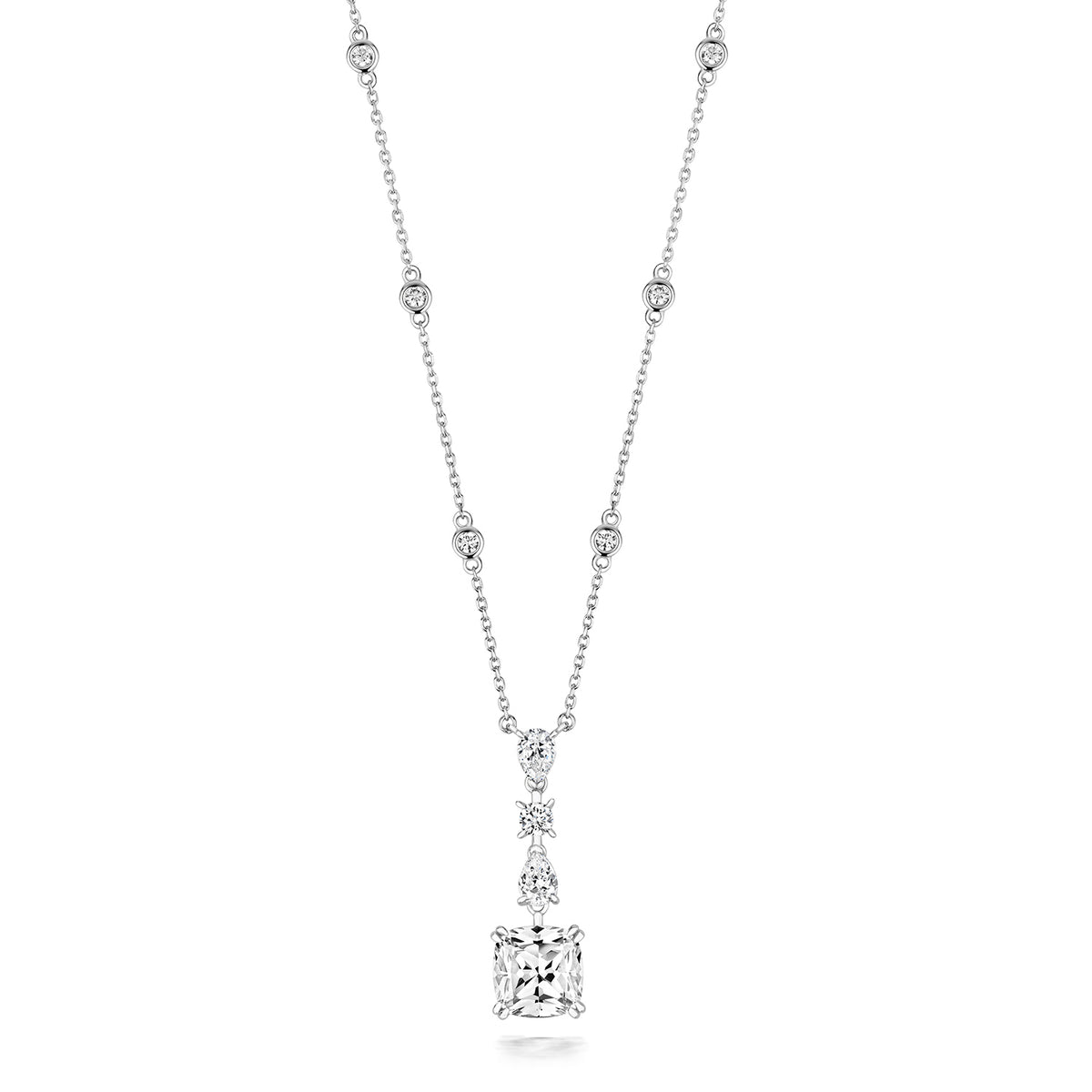 MULTI SHAPE DROP PENDANT. 8MM CUSHION ON FIXED STONE SET CHAIN