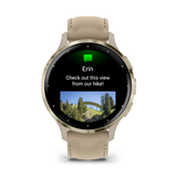 Garmin Venu 3S Soft gold stainless steel bezel with French grey case and leather band