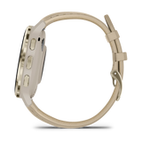 Garmin Venu 3S Soft gold stainless steel bezel with French grey case and leather band