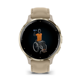 Garmin Venu 3S Soft gold stainless steel bezel with French grey case and leather band