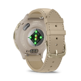 Garmin Venu 3S Soft gold stainless steel bezel with French grey case and leather band