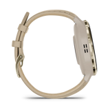 Garmin Venu 3S Soft gold stainless steel bezel with French grey case and leather band