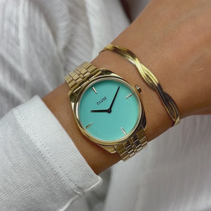Cluse Féroce Petite Watch Steel, Leaf Texture Pool Blue, Gold Colour