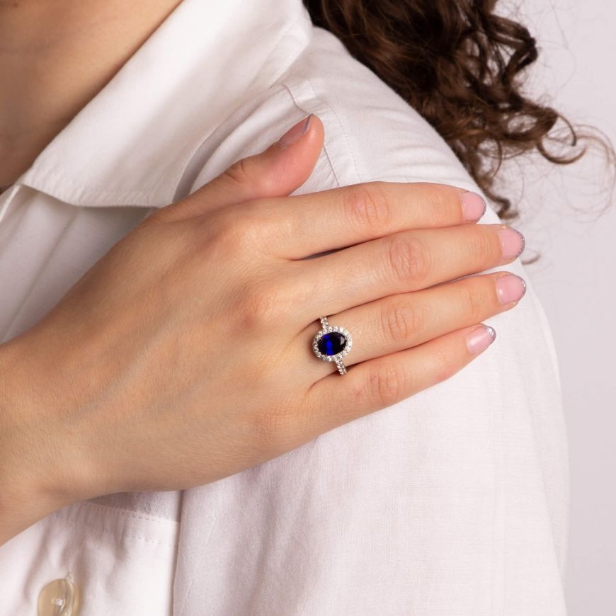 Diamond Fire Oval Blue Sapphire Zirconia Ring With Pave Surround