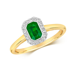 9CT Y/GOLD DIAMOND CLUSTER OCTAGON EMERALD RING