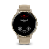 Garmin Venu 3S Soft gold stainless steel bezel with French grey case and leather band