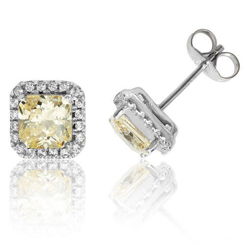 Sterling Silver Claw Set Halo Style Square Yellow CZ Stud Earrings