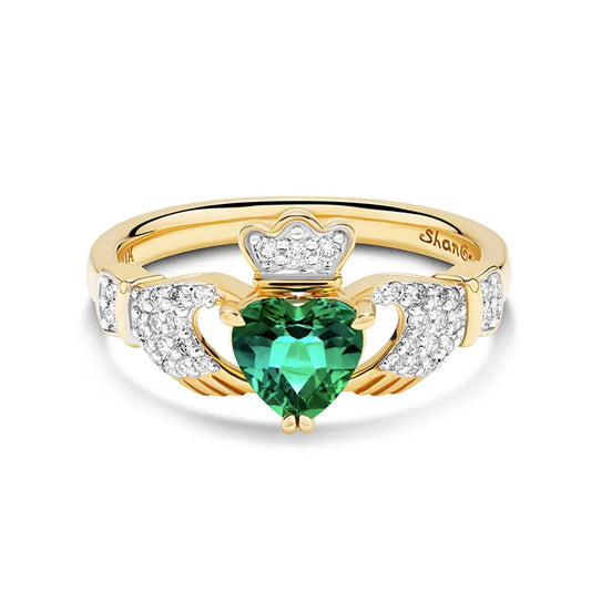 14kt Yellow Gold Claddagh Ring Emerald Heart and Lab Diamonds